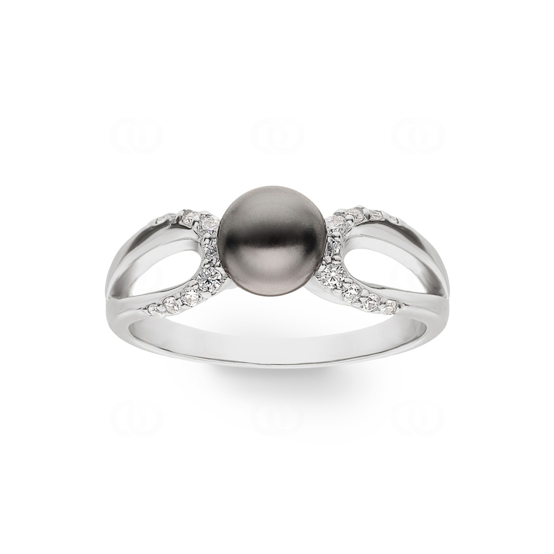 Damenring 925 Silber rhodiniert mit schwarzer Kunstperle 6mm und Zirkonia