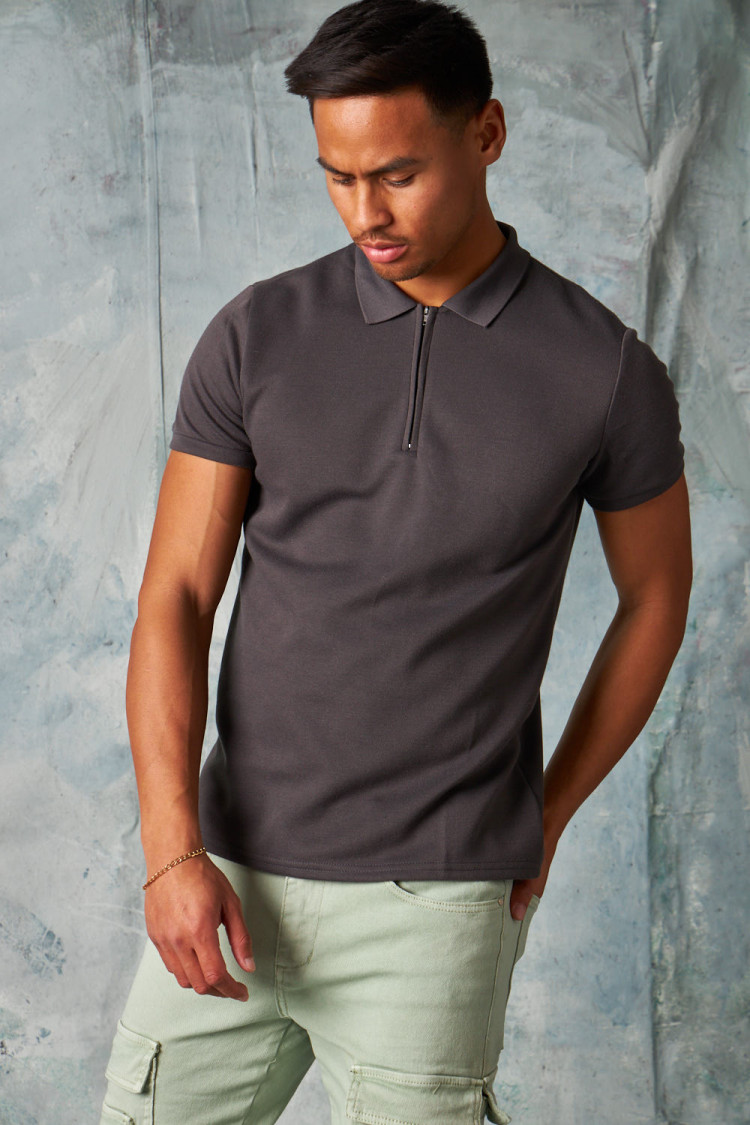Polo manches courtes à col zippé gris anthracite