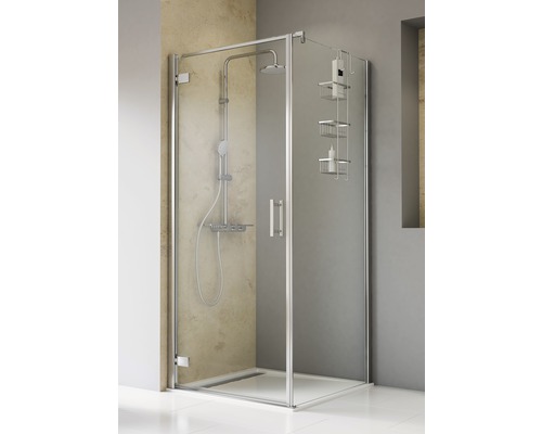 Douchedeur met zijpaneel en draaideur SCHULTE TouraPlus ExpressPlus 80 x 80 cm, chroomprofiel, helder glas, vuilafstotende glascoating, deurscharnier links, zijpaneelscharnier rechts