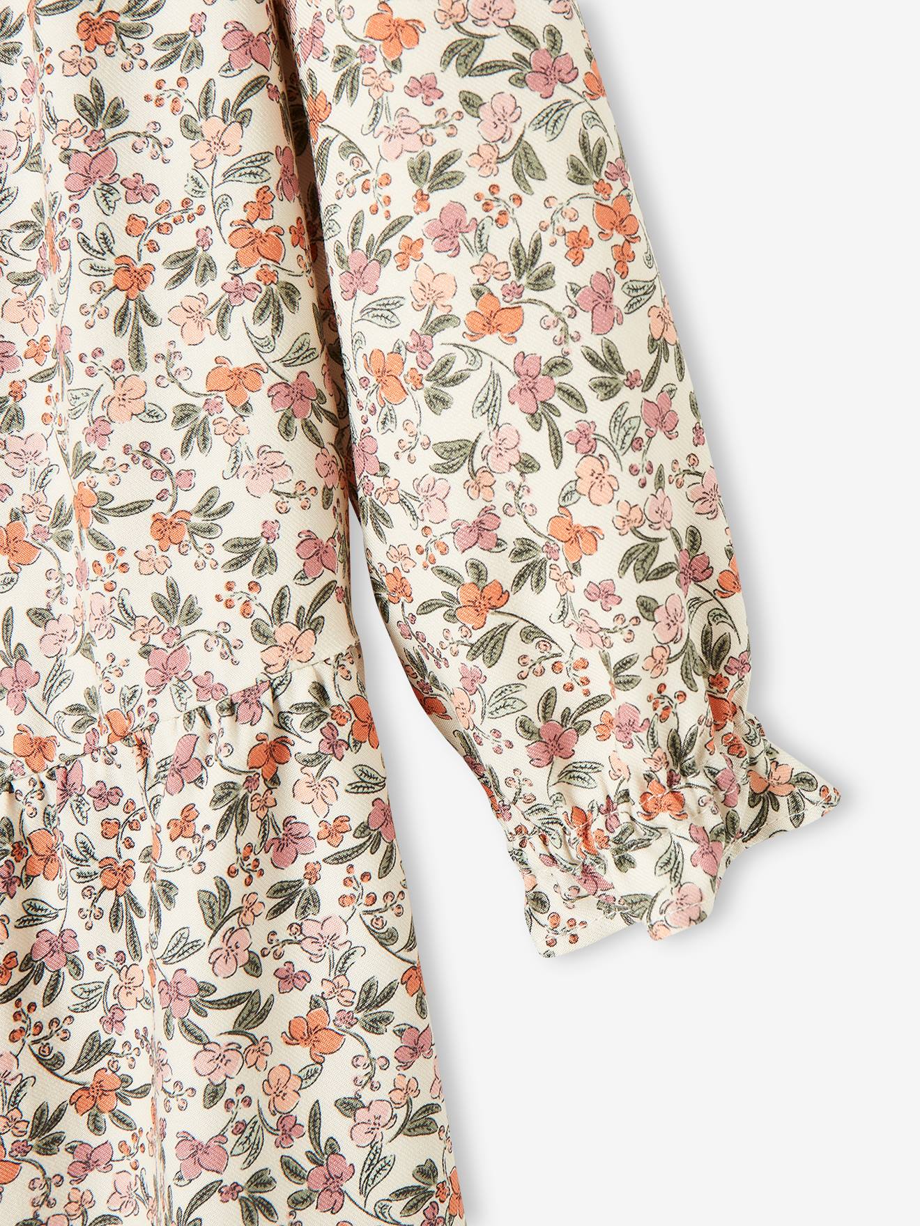 Vestido fluido com babados e motivos florais, para meninas, azul escuro
