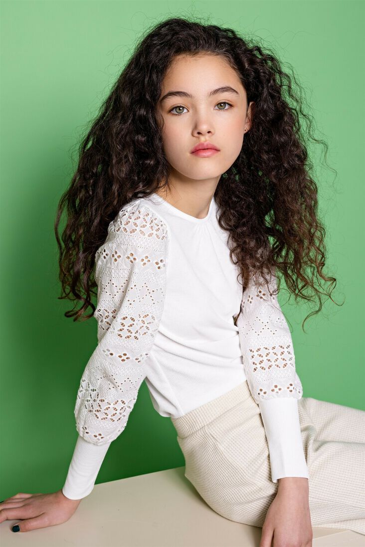 NOBELL witte nobell trui kiva girls rib tshirt with contrast woven sleeves