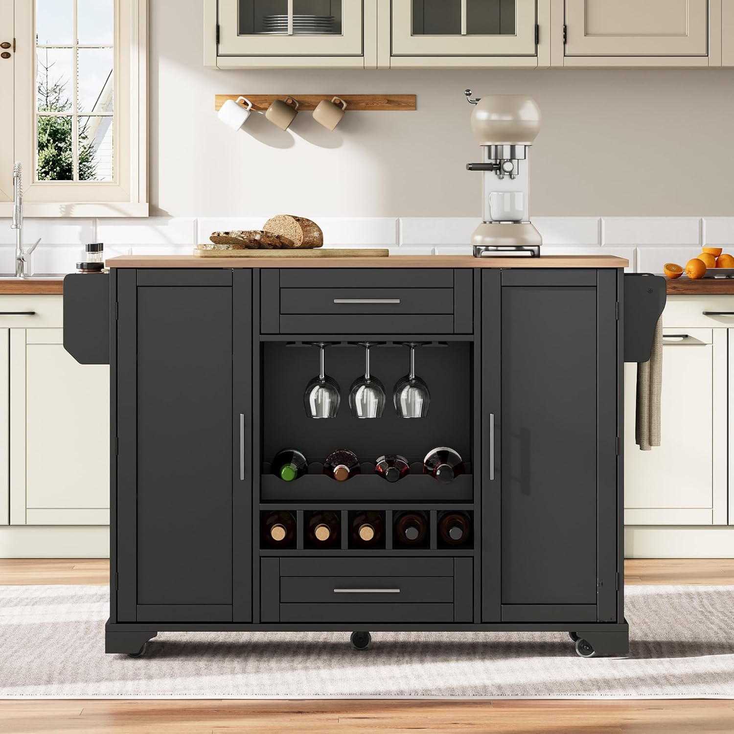 Kücheninsel Küchenschrank mit Klappbare Arbeitsplatte und Weinregal, Buffetschrank Küchenwagen mit Rollen und Handtuchhalter, Küchenbuffet, Küchenmöbel, Schrank Schwarz, 138x45-70x92 cm