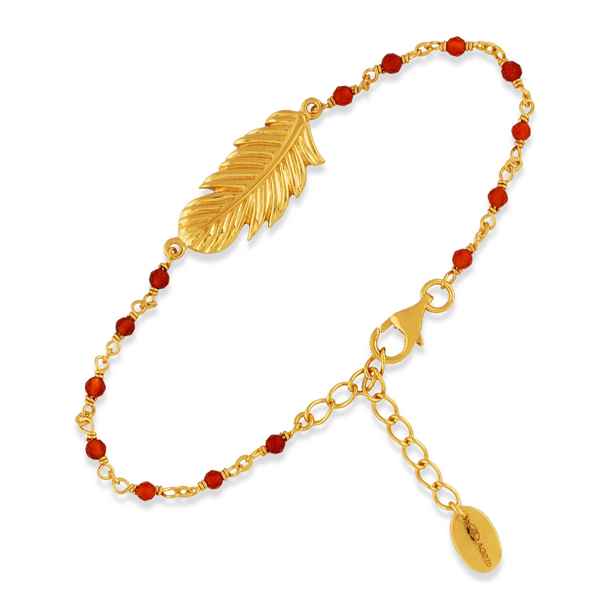 Bracelet En Argent Doré Plume Pierres Rouges