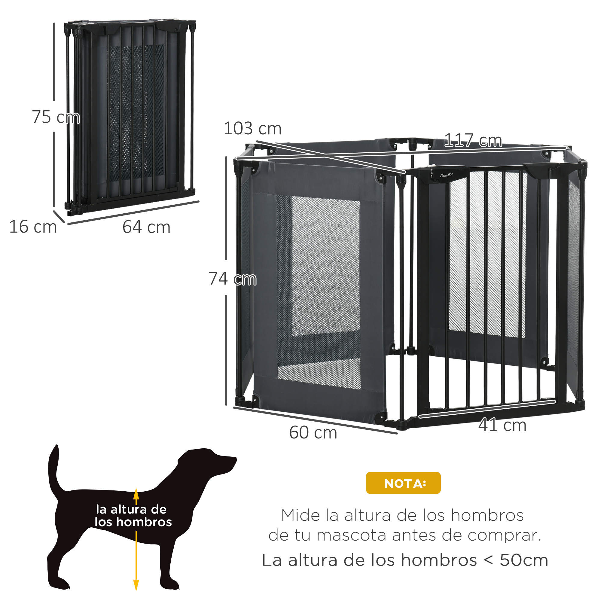 Cercado dobrável PawHut com 6 painéis para cães, barreira de segurança para animais de estimação, cercado em tecido Oxford com sistema de fechamento automático para gatos e filhotes, 117 x 103 x 74 cm, preto.