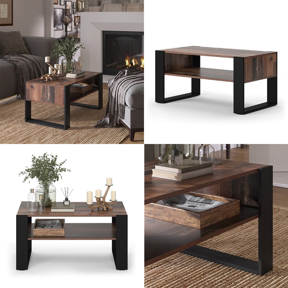 Vicco Couchtisch Olli Antikholz-Optik Schwarz 92 x 45,6 cm mit Ablage