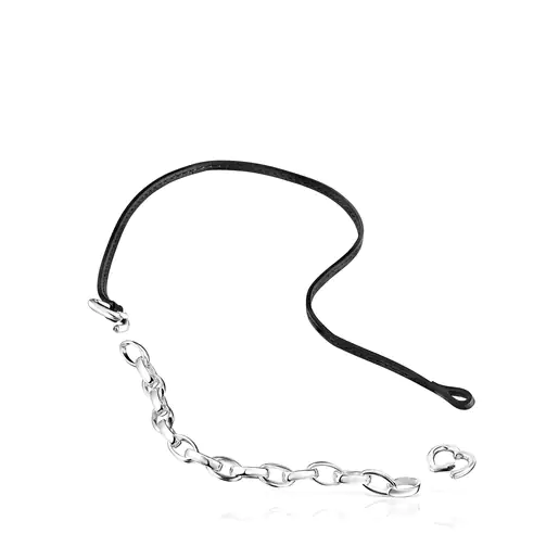Conjunto de pulseira e colar em prata e couro