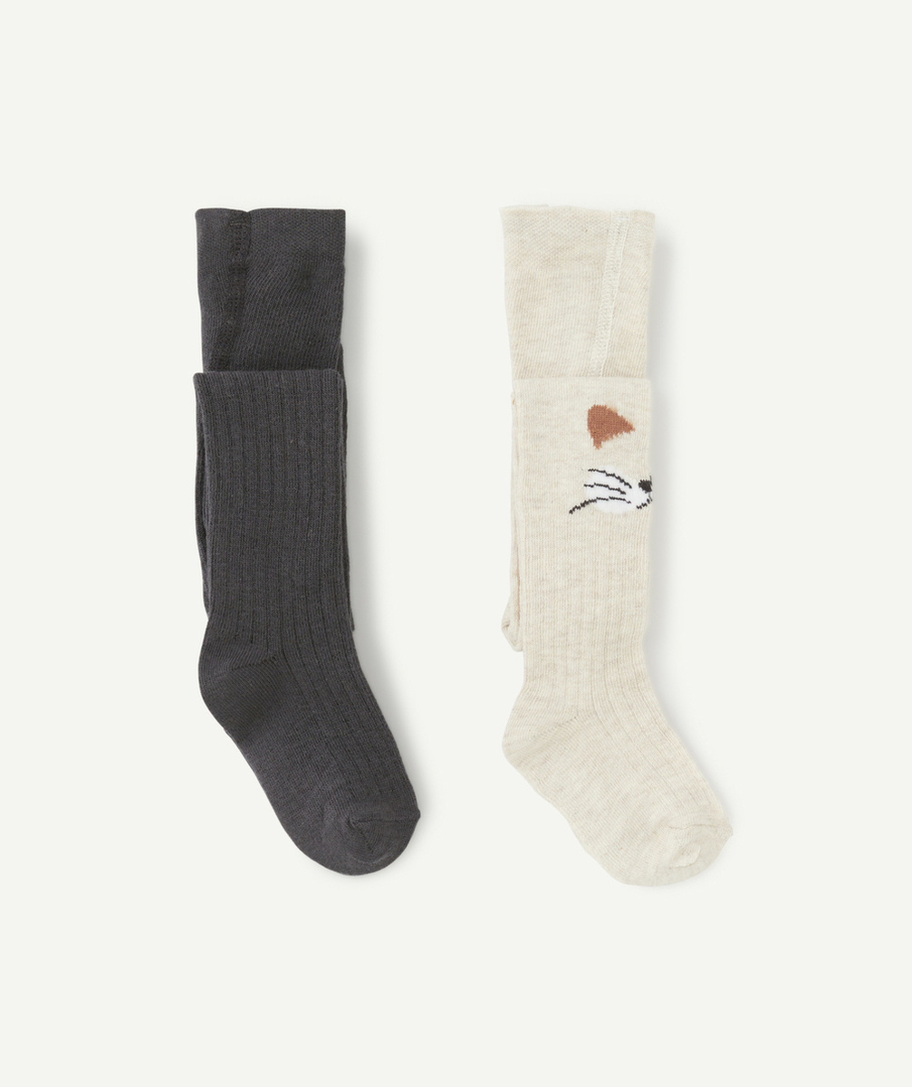 LOT DE 2 COLLANTS BÉBÉ FILLE EN TRICOT GRIS ET ÉCRU AVEC MOTIF CHAT