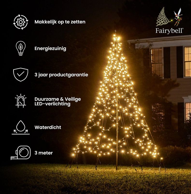 Fairybell LED Kerstboom voor buiten inclusief mast - 3 meter - 480 LEDs - Warm wit