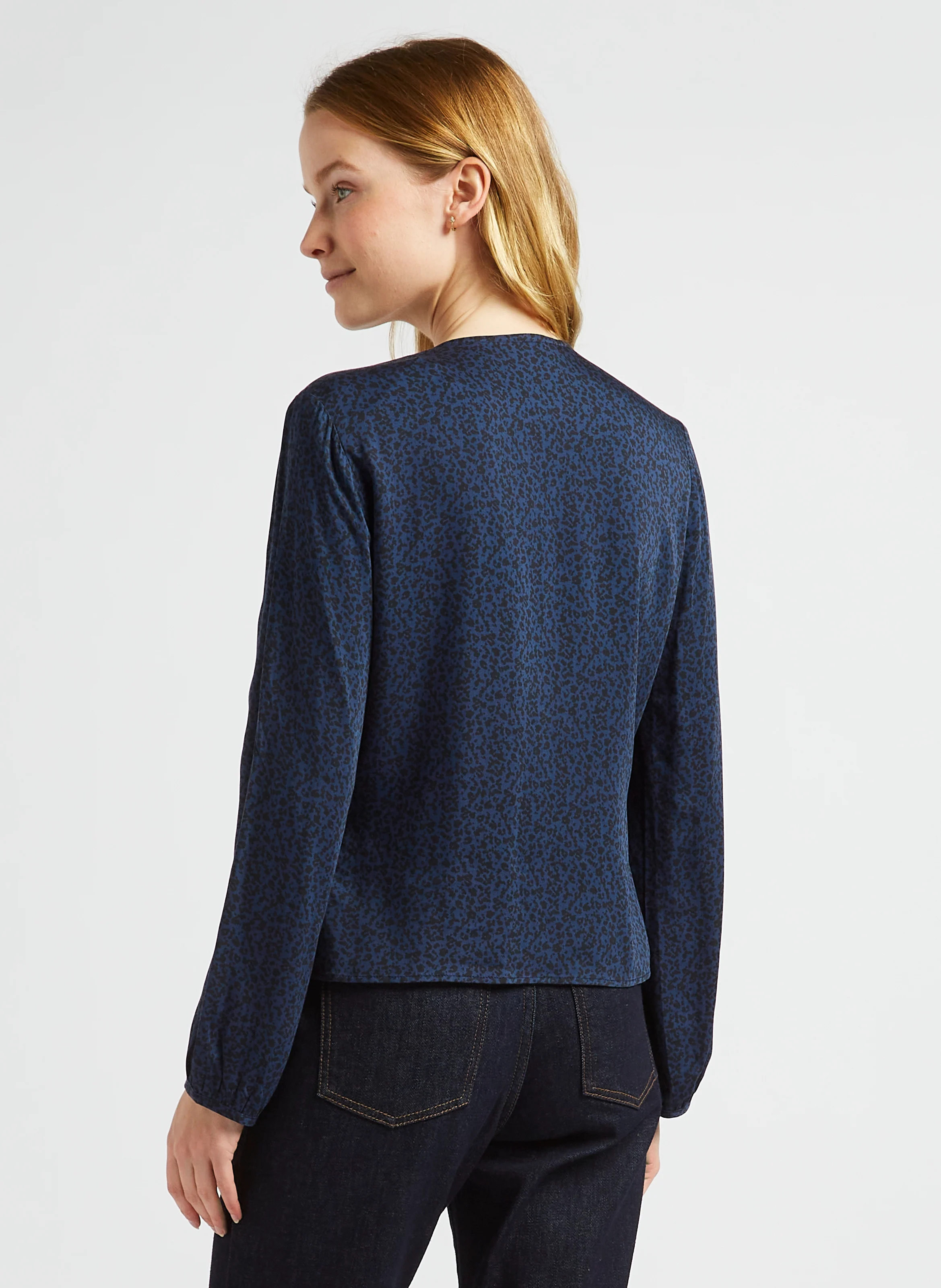 Blouse droite col V imprimée | Bleu