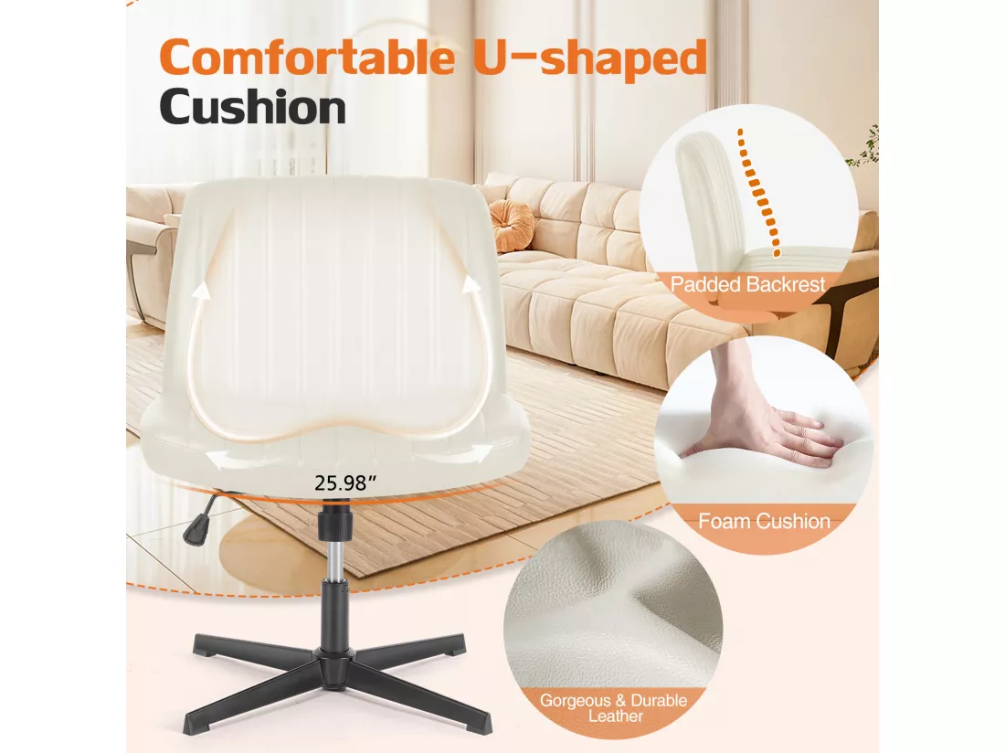 Chaise de bureau,Chaise à pieds croisés,Chaise de bureau sans bras,PU,Blanc