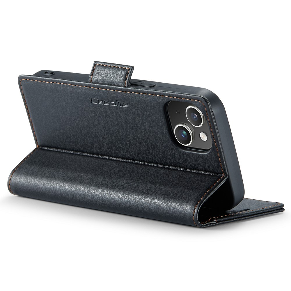 iPhone 15 Leder Tasche Flip Wallet Etui mit Kartenfächern Litchi Look (RFID Schutz) - Schwarz