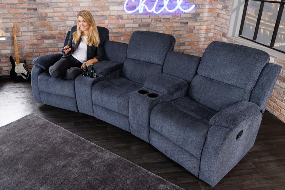 Riess Ambiente Exklusiver 3er Kinosessel Hollywood - dunkelgrau - Strukturstoff Polyester - Relaxsessel mit Cupholder Polsterung Fußstützen