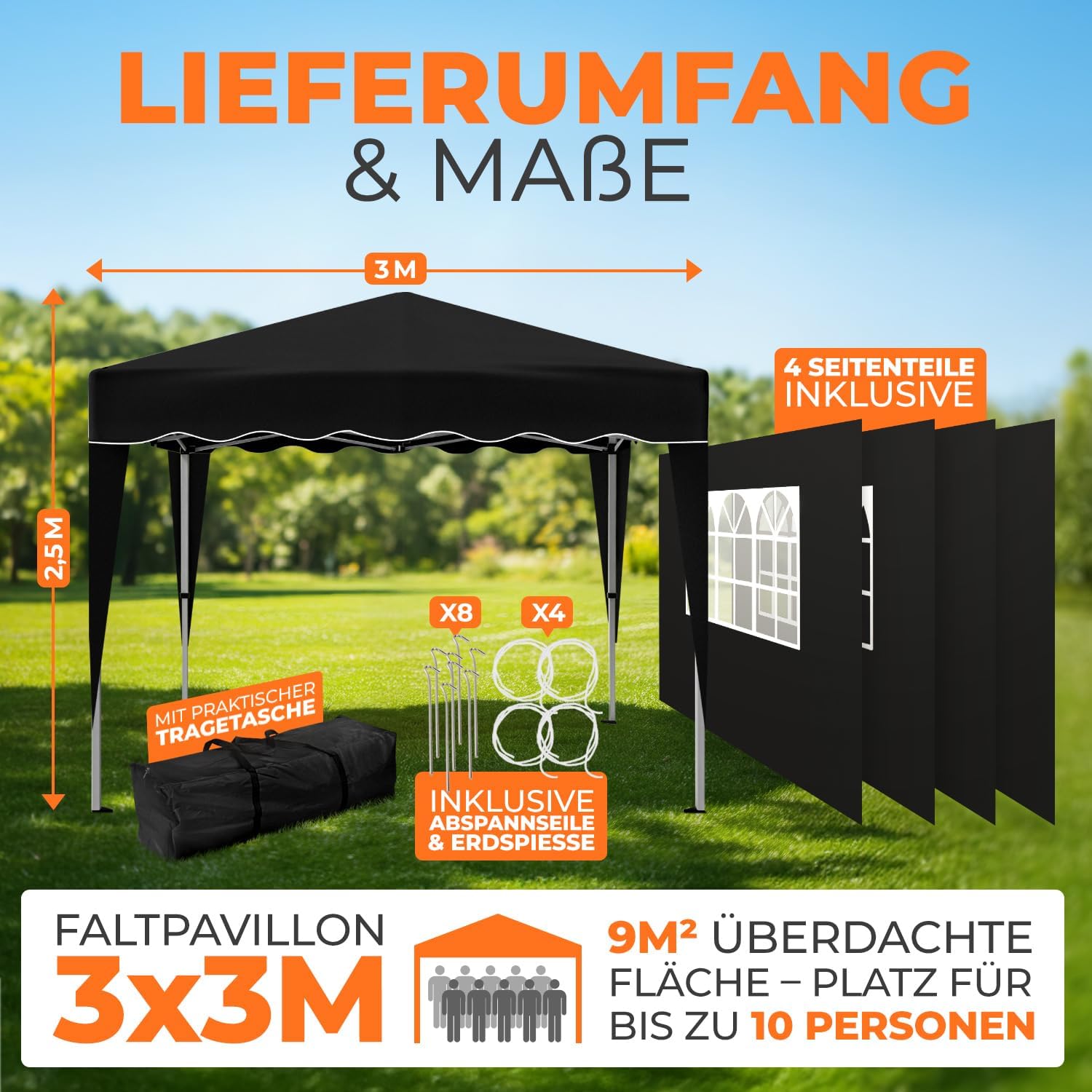 Kronenburg Faltpavillon wasserdicht Dachmaß 3 x 3 m UV Schutz 50+ Pavillon in Schwarz mit 4 Seitenteilen