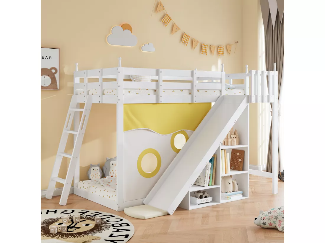 Lits superposés 2 x 90 x 200 cm avec étagères de rangement, toboggan & rideau de lit - pin + MDF - blanc (sans matelas)