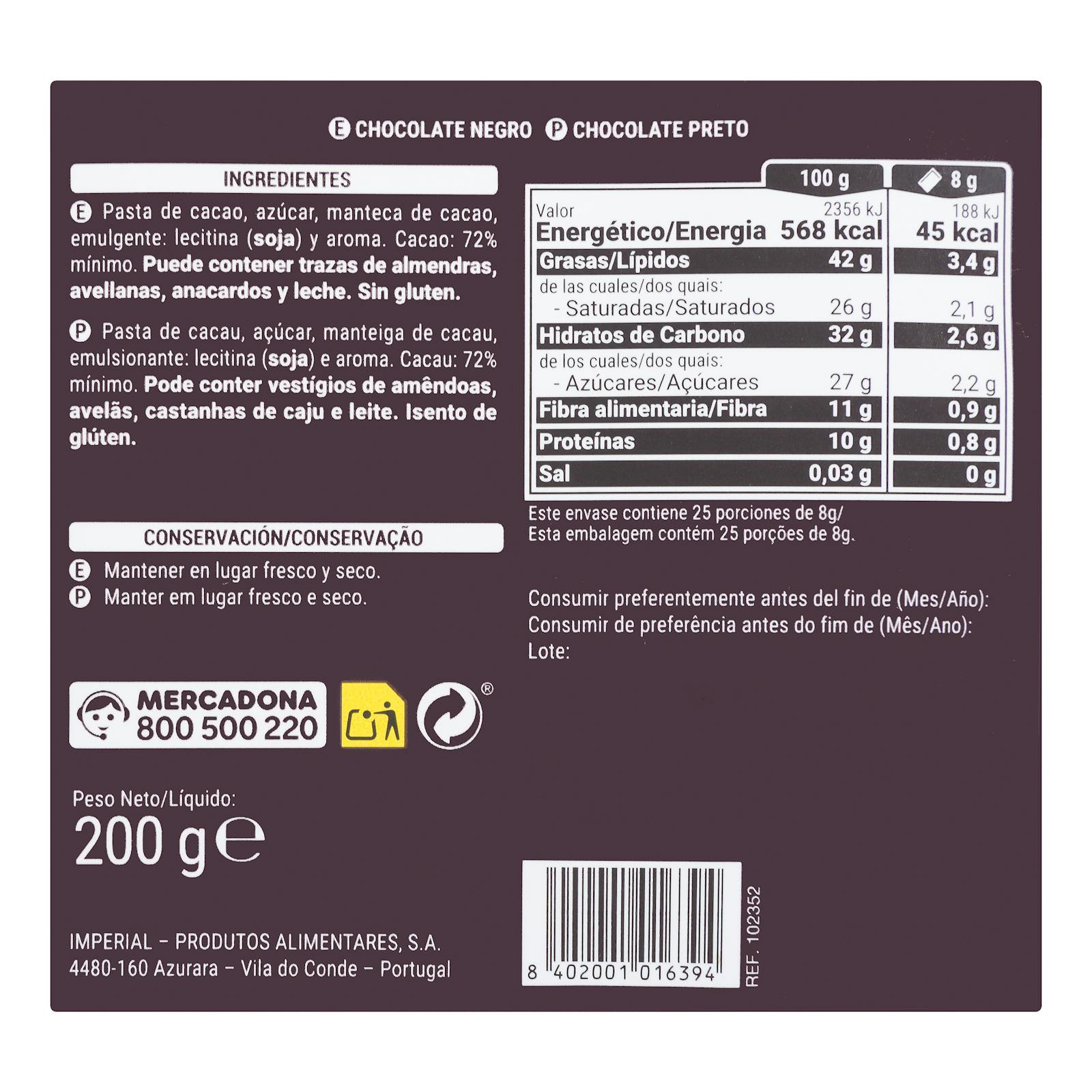 Portions de chocolat noir extra-fin 72% de cacao Hacendado
