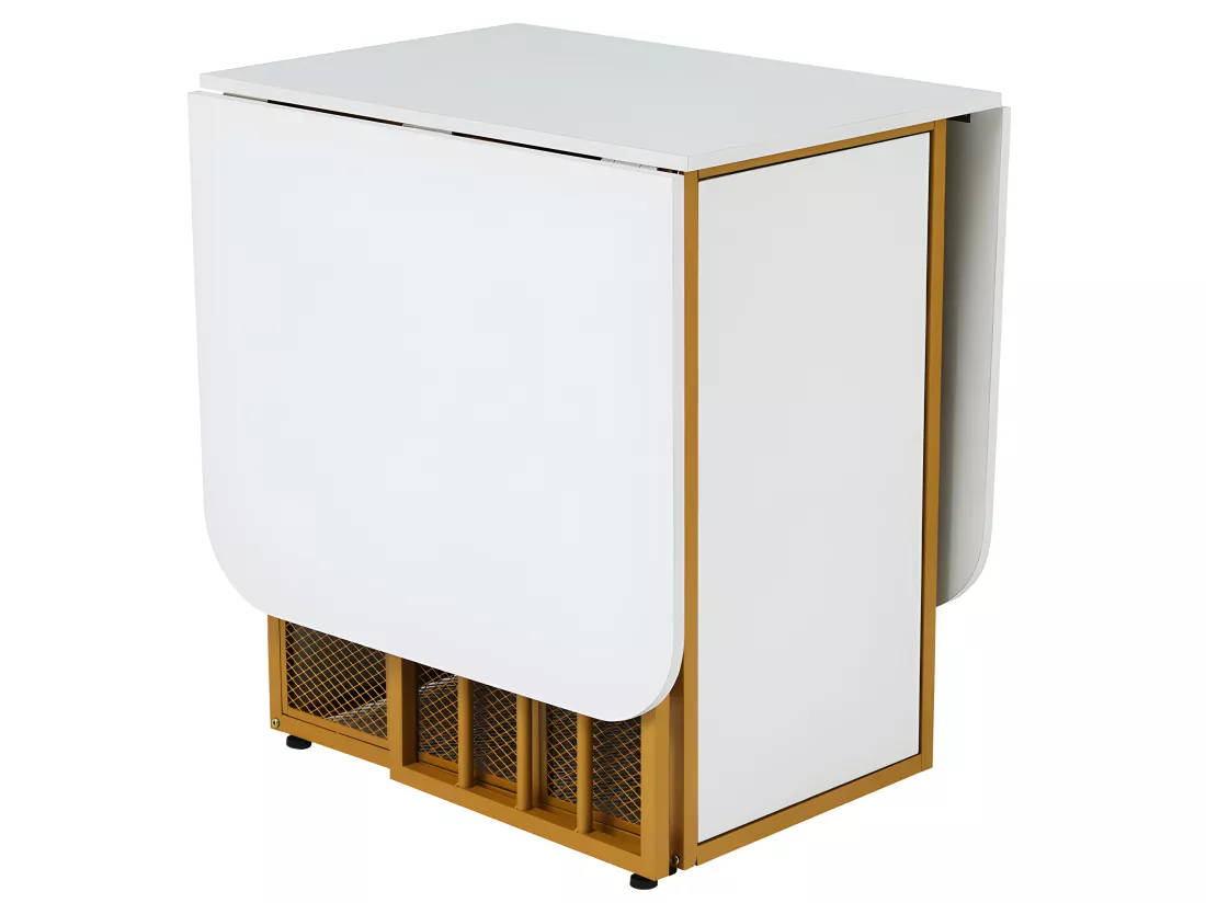 Table à manger pliante rétractable polyvalente avec étagères de rangement - Panneaux de particules - Blancs & Doré