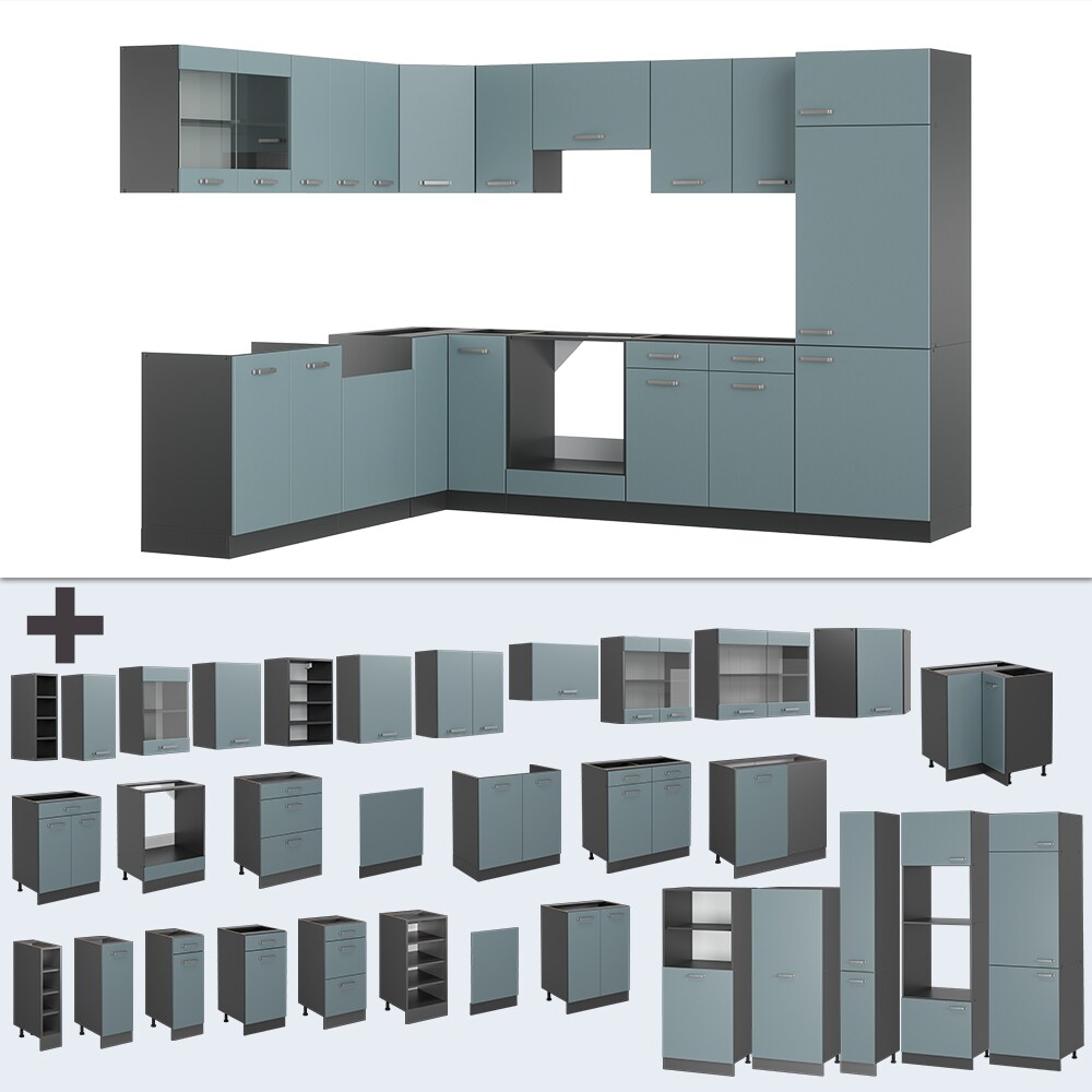 Vicco Eckküche R-Line Solid Anthrazit Blau Grau 287x227 cm modern Küchenschränke Küchenmöbel