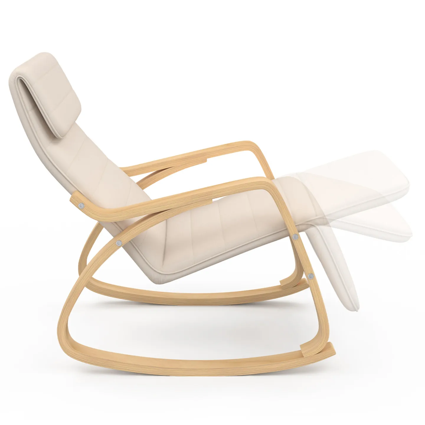 Fauteuil à bascule NILS, rocking chair avec repose pied en bois façon hêtre et coussin tissu beige