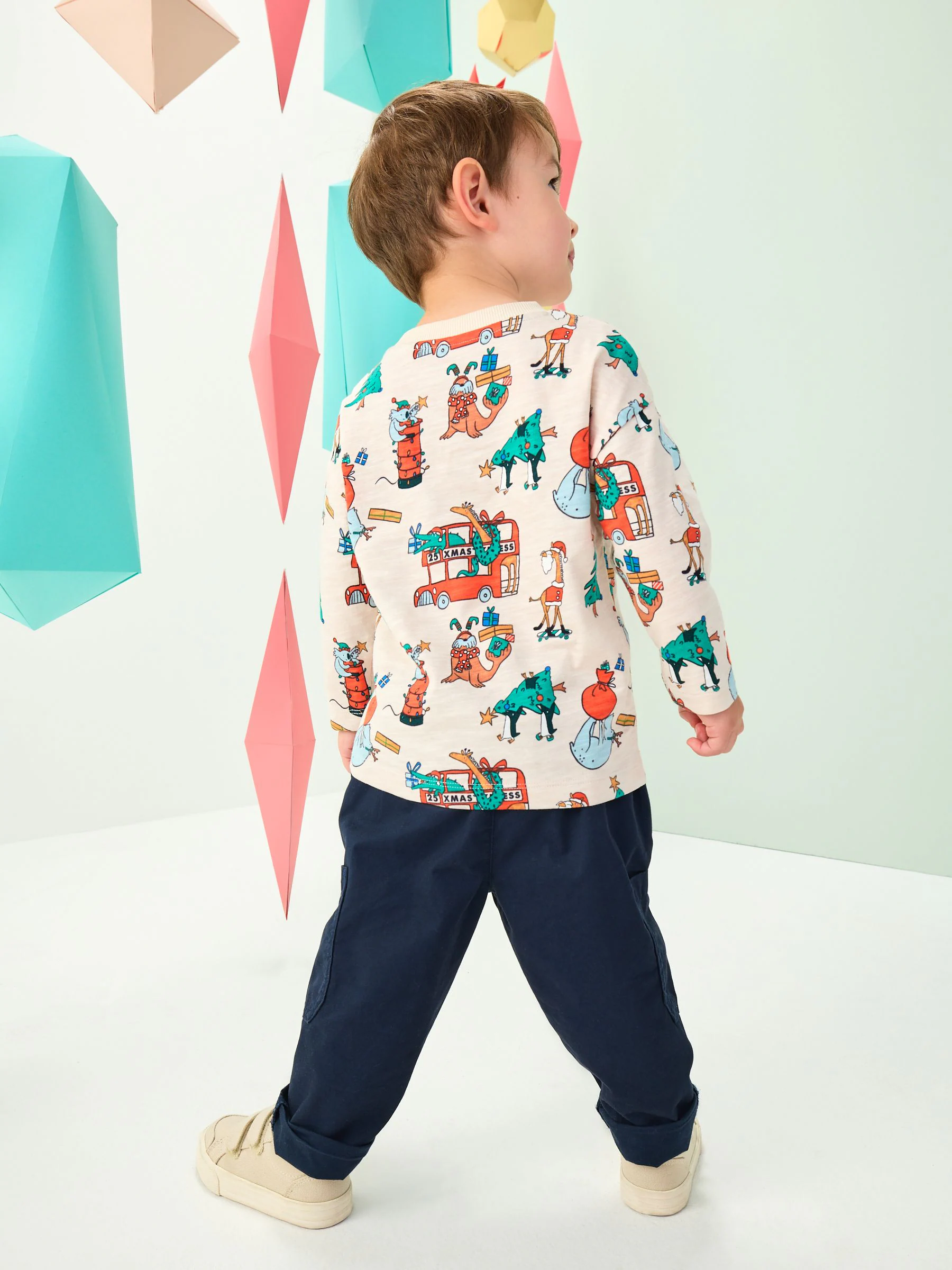 Kiezelkleurige all-over print - Kerst-T-shirt met lange mouwen (3mnd -8jr)
