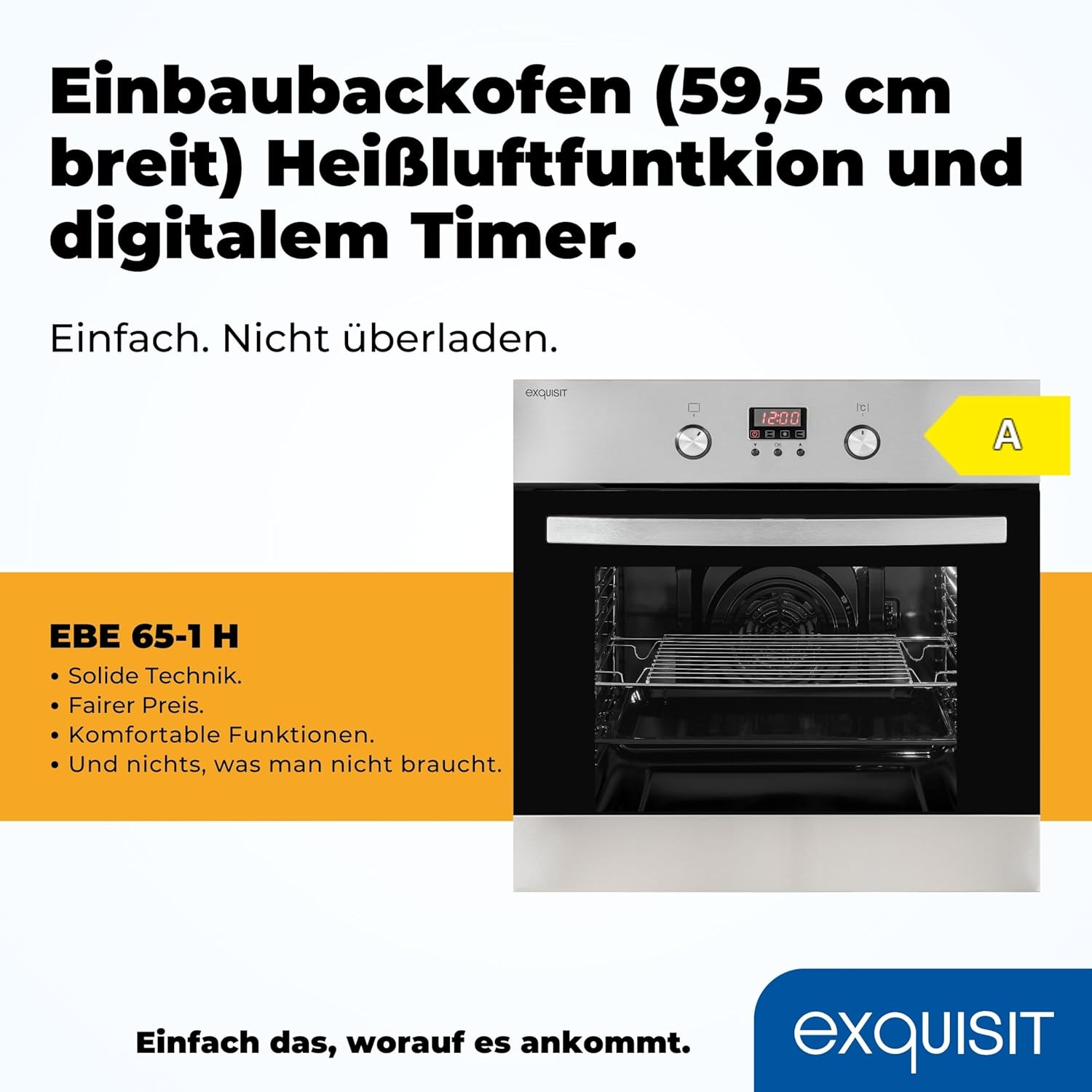 Exquisit EBE 65-1H Einbaubackofen | 58 Liter Backofenvolumen | Heißluft | Timer | versenkbare Knebel | Edelstahl