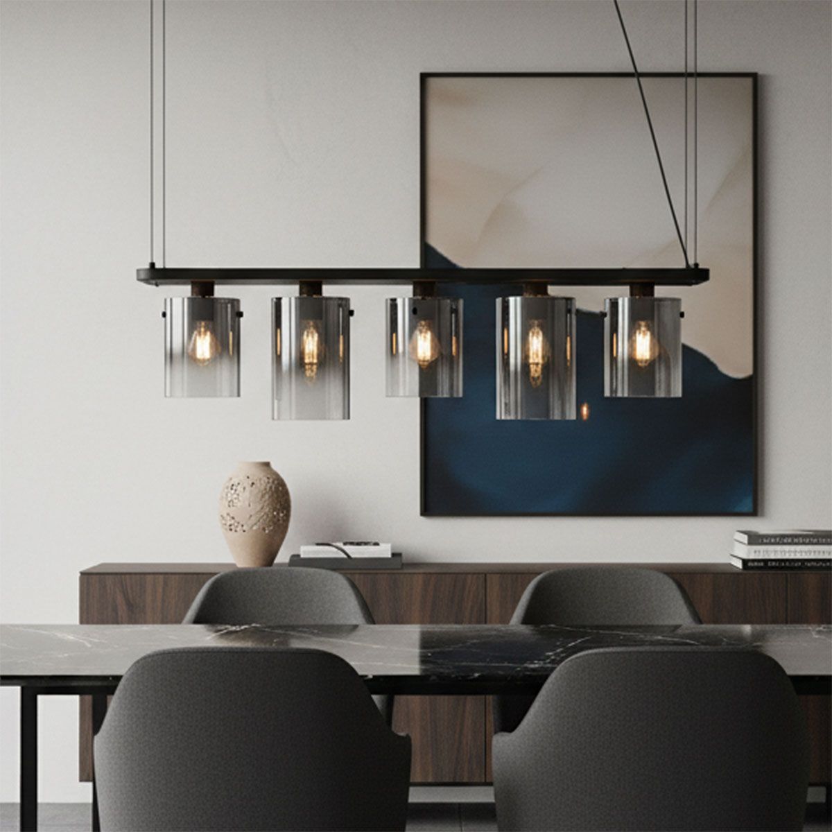Moderne hanglamp zwart met smoke glas 5-lichts - Hybrid