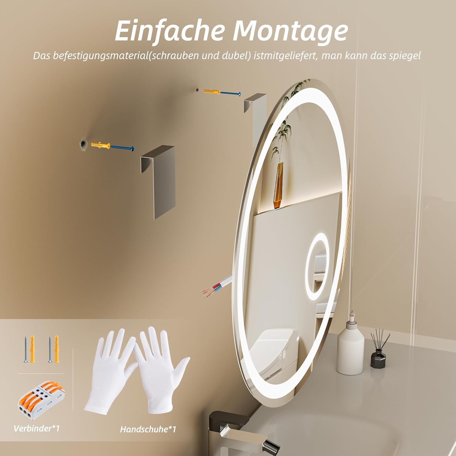 HySail Badspiegel mit Beleuchtung, 5mm Hochauflösender Silber-Spiegel, 3 Farbtemperaturen & Dimmbare Helligkeit, Wandspiegel mit Touch-Schalter & Anti-Beschlag, Rund