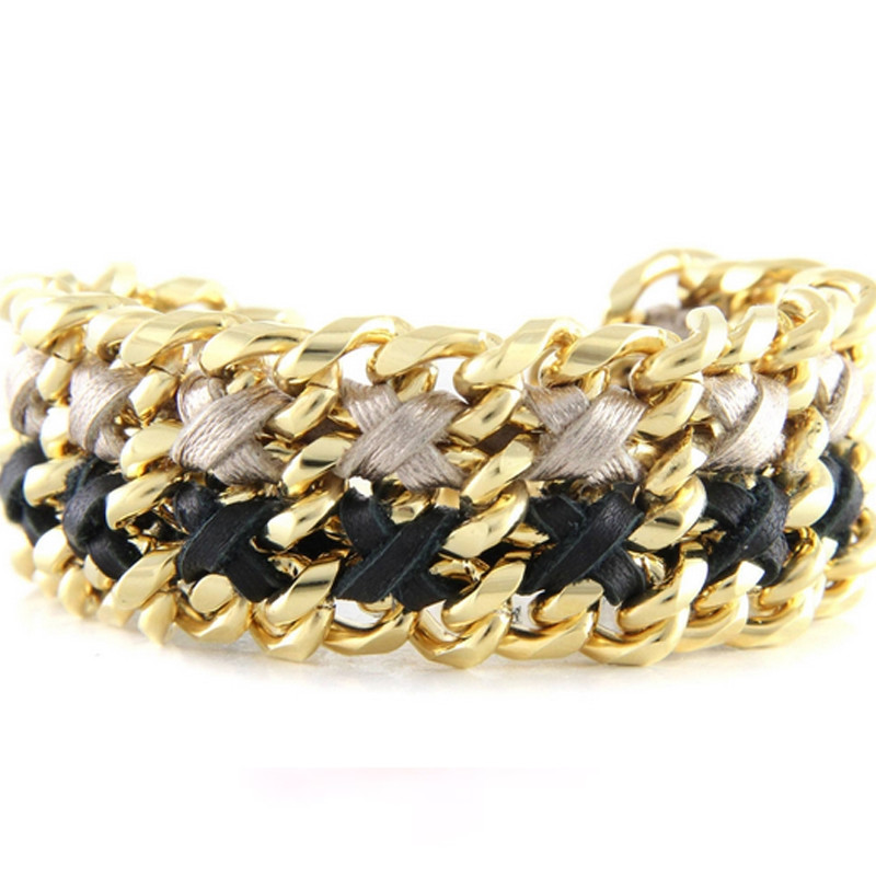 Ettika - Bracelet en Or Jaune et Rubans Tressés Noir et Argenté