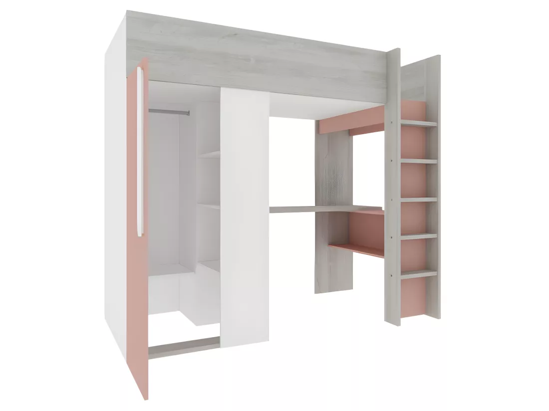 Lit mezzanine 90 x 200 cm avec armoire et bureau - Rose et blanc - NICOLAS