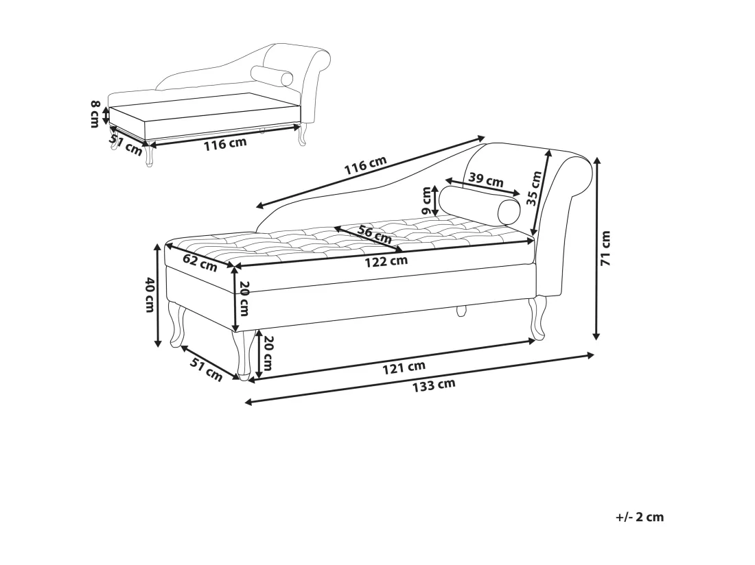 Chaise longue côté droit en velours gris foncé avec rangement PESSAC