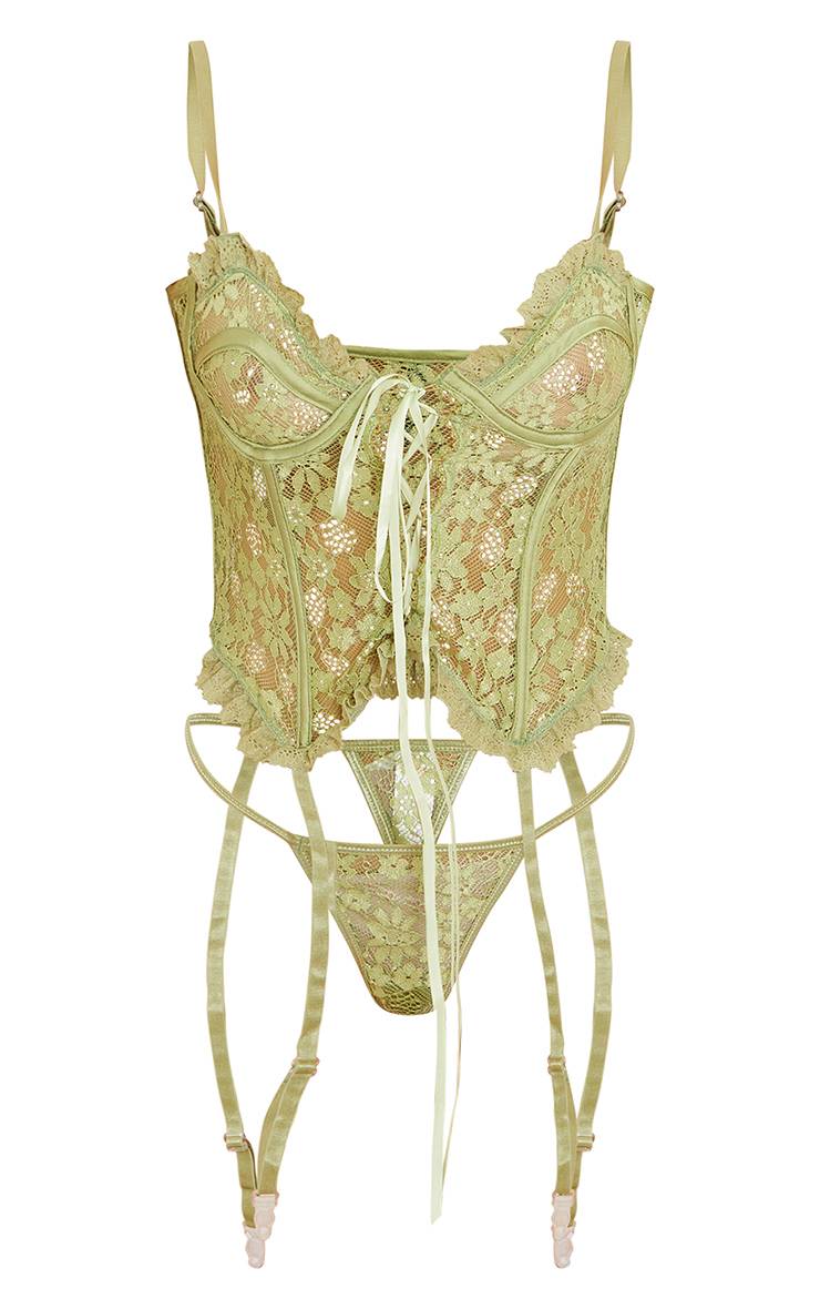 Vert Sauge Corset En Dentelle Florale À Laçage Avec Porte-jarretelles Et String