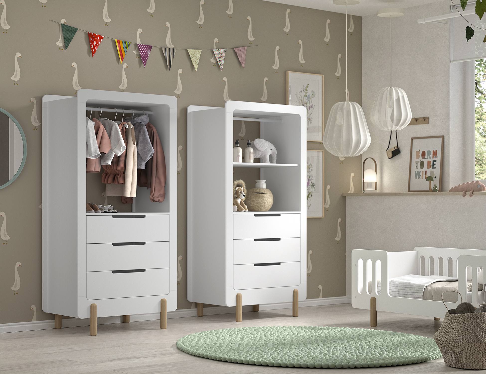 JAXX SMILE Regalschrank mit 3 Schubladen, Fachboden und Kleiderstange, Ausf. MDF weiß lackiert