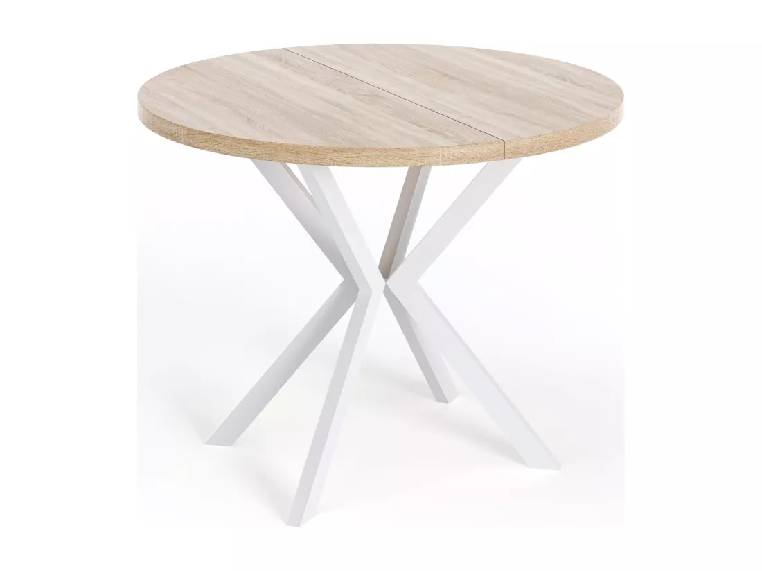 Table à Manger Extensible Ronde - Table Style Loft Avec Blanc Pieds En Métal - 100 à 180 Cm - Table Ronde Style Industriel Pour Le Salon - Compacte - Chêne Sonoma -