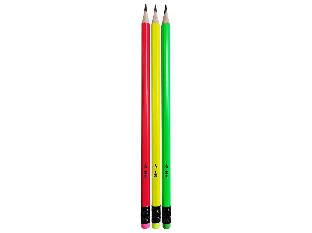 CONJUNTO DE 3 LÁPIS AUCHAN GRAFITE HB COM BORRACHA NEON