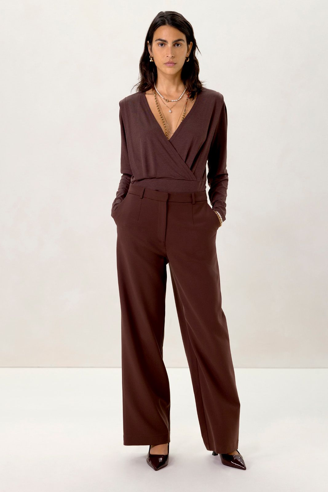 Donkerbruine wide leg pantalon