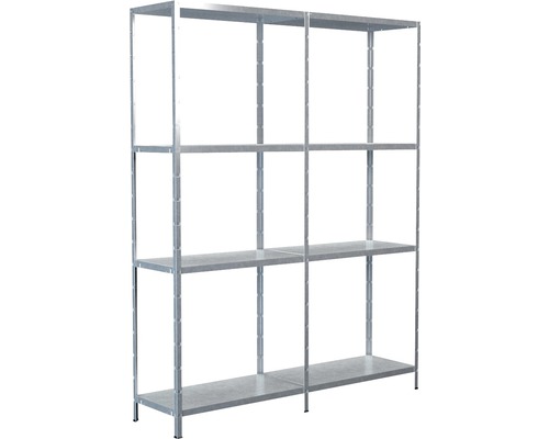Insteekbare basis- en aanbouwstelling, verzinkt, 180x140x35 cm, 8 legborden, gedeelde hoekprofielen, set draagvermogen 680 kg