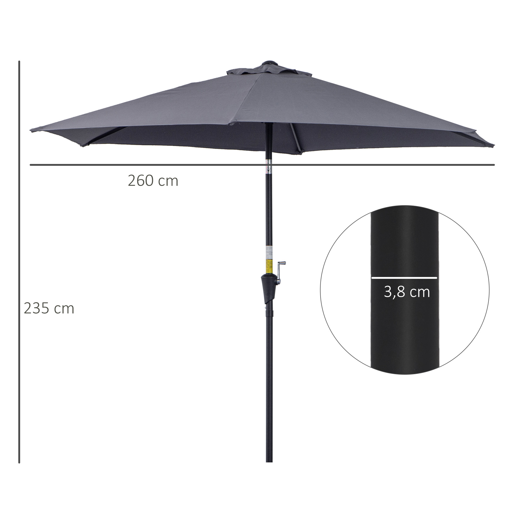 Guarda-sol de jardim Outsunny Ø260x235 cm em alumínio com cabo reclinável, manivela e 6 varetas para terraço e varanda, cinza.