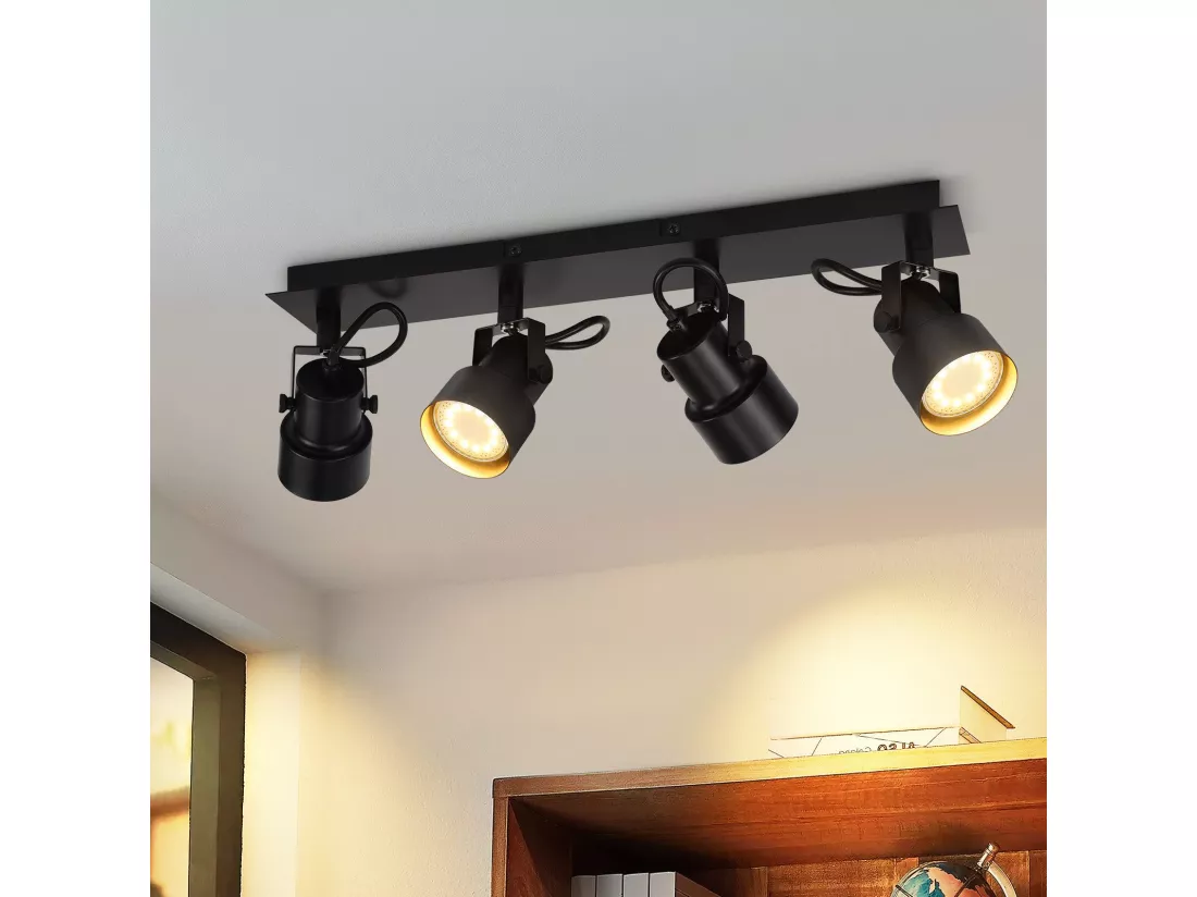 NETTLIFE Spot de Plafond Noir Plafonnier Vintage GU10 Lampe de Cuisine pour Orientable 4 Flammes Vintage 350°