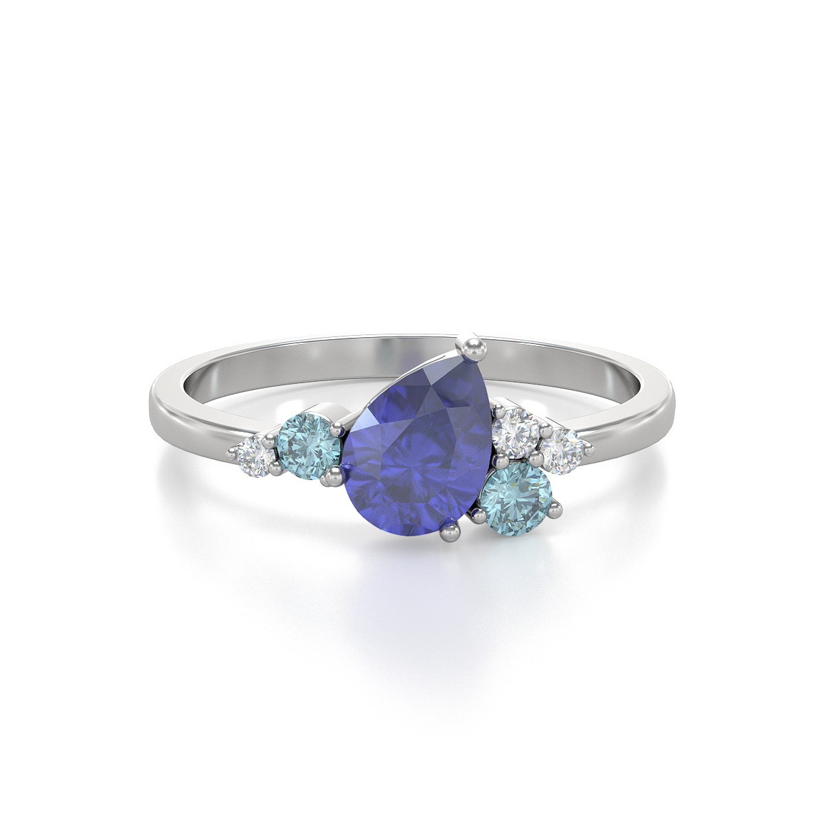 Bague ADEN Or 585 Blanc Tanzanite Aigue-Marine et diamants 2.296grs