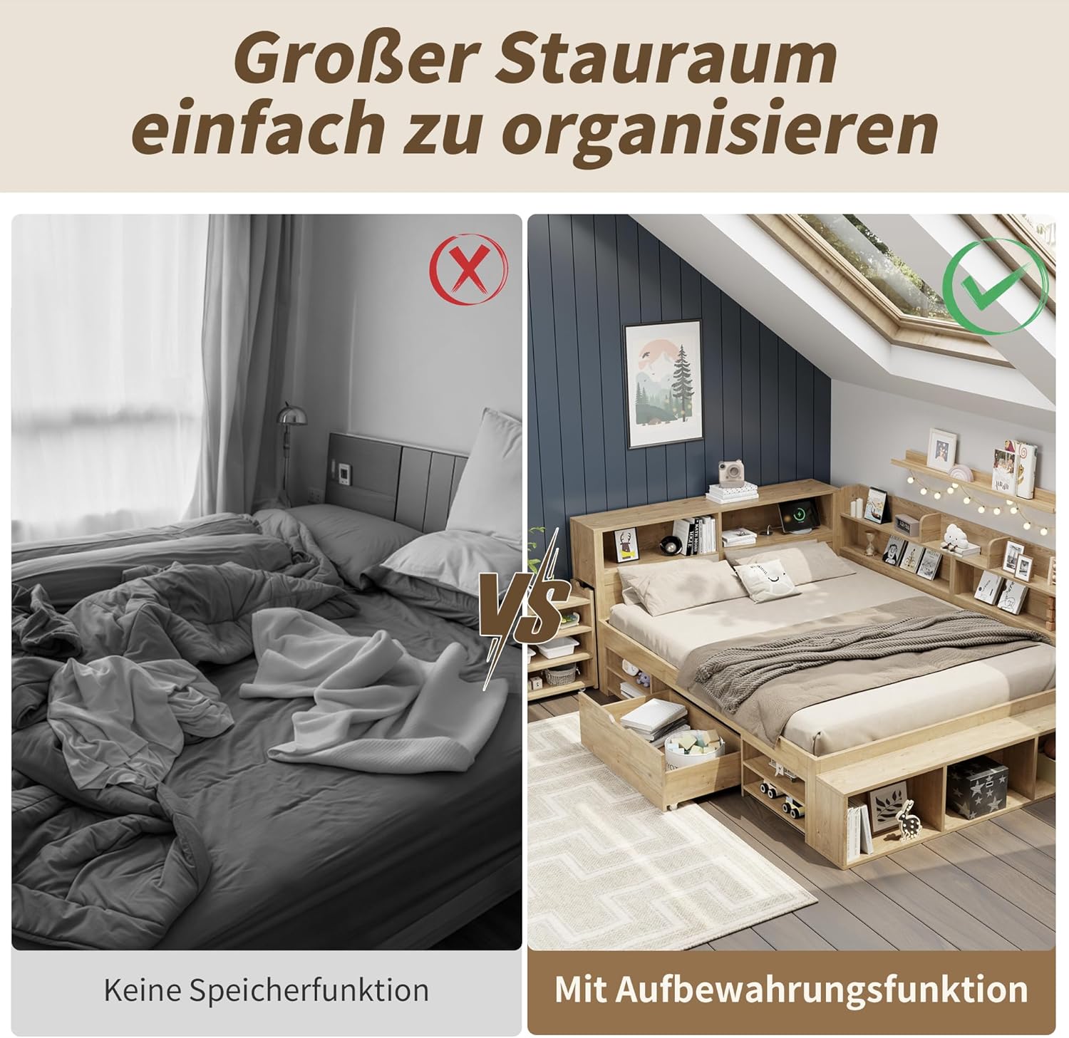 Holzbett Stauraumbett 90 x 200 cm, multifunktionales Tagesbett mit Nachtkästen, Regalen und Stauschränken, Einzelbett für Kinder und Jugendliche, Natur FK0021076