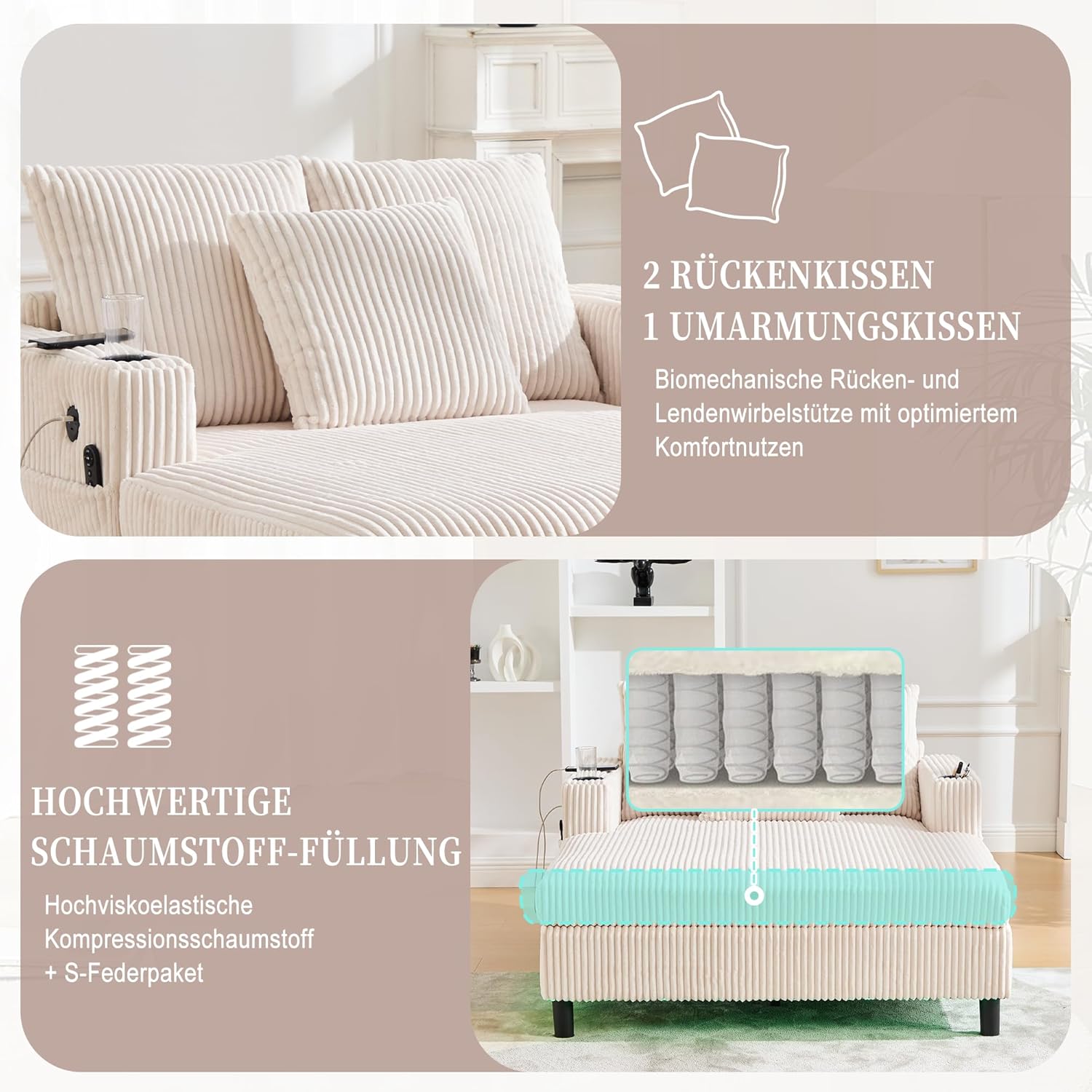 Chaiselongue Schlafsofa 2-Sitzer, Sofa mit LED & USB-C-Port & 2 Kissen & Getränkehaltern, Bettsofa, Für Wohnzimmer & Schlafzimmer, Beige