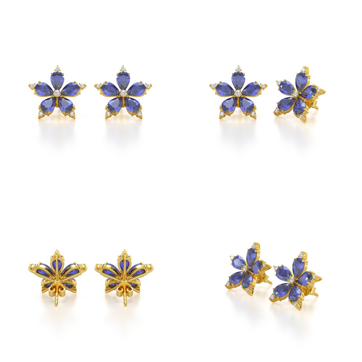 Boucles d'oreilles ADEN Or 585 Jaune Fleur Tanzanite et Diamants 4.52grs