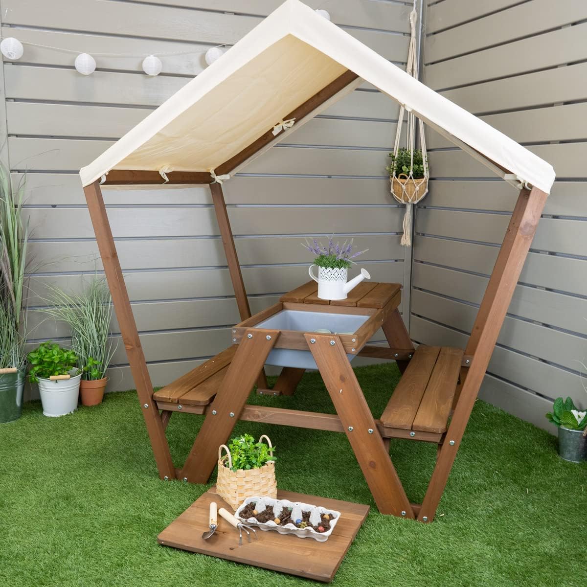 Meppi Kinder-Sitzgruppe Pellworm - braun aus Holz mit Dach - Tisch Stuhl Garnitur Sitzbank mit Tisch