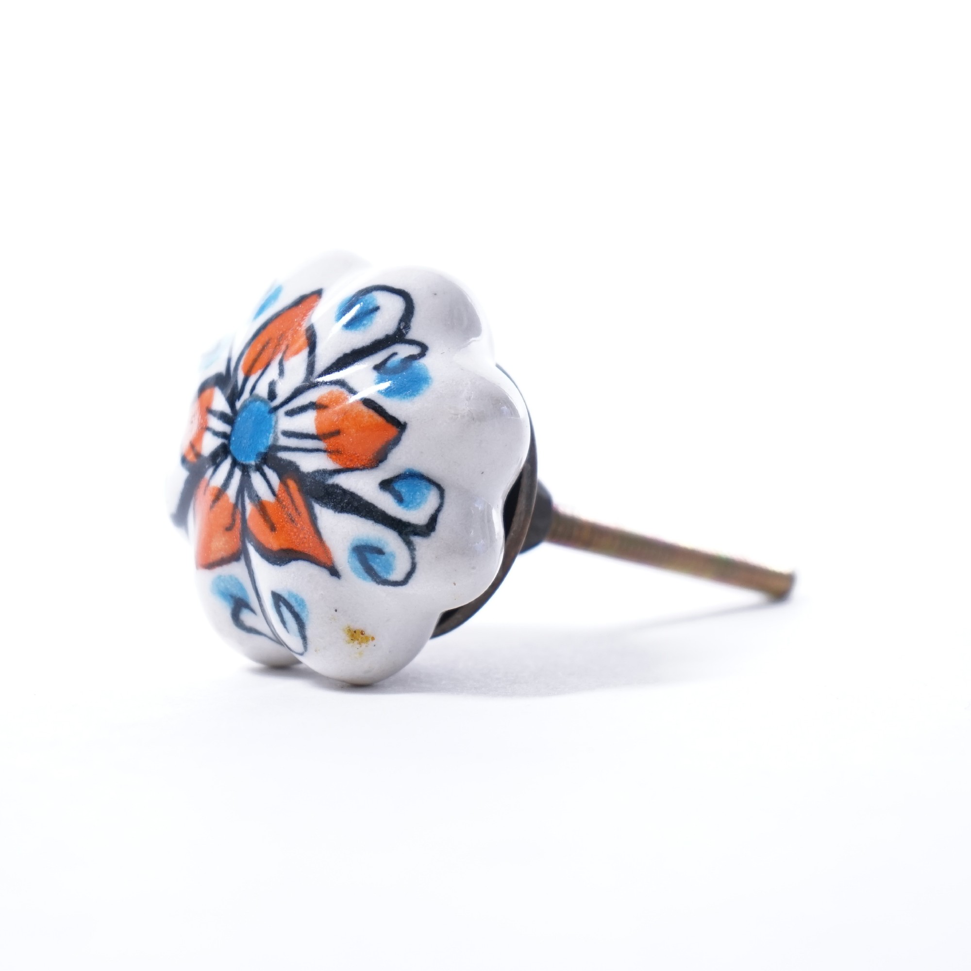 Keramik Möbelknopf 'Blume', handglasiert, orange/blau, Ø 4 cm günstig bestellen