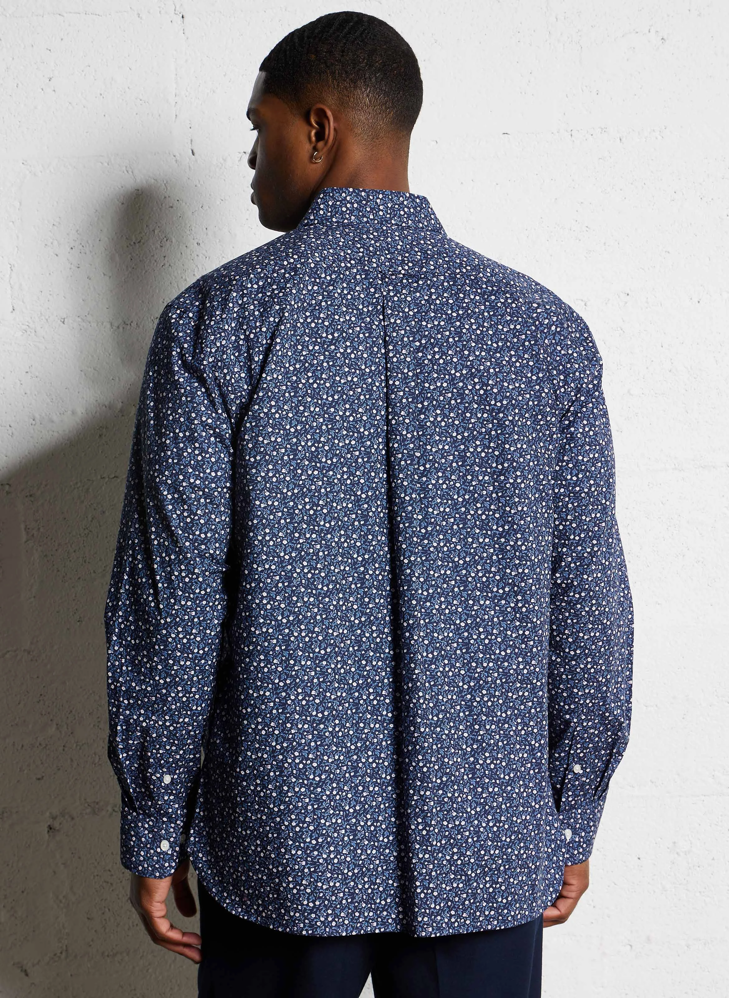 Chemise col classique droite en coton imprimée | Bleu