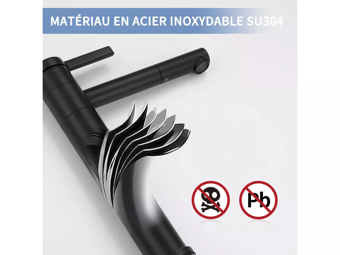 Noir Robinet Salle de Bain Mitigeur pour Vasque Haut Bec Pivotant 360° Robinetterie de Lavabo en Acier Inox Design Moderne