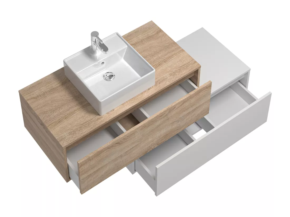Meuble de salle de bain suspendu blanc et naturel clair avec simple vasque carrée et deux tiroirs - 94 cm - TEANA II