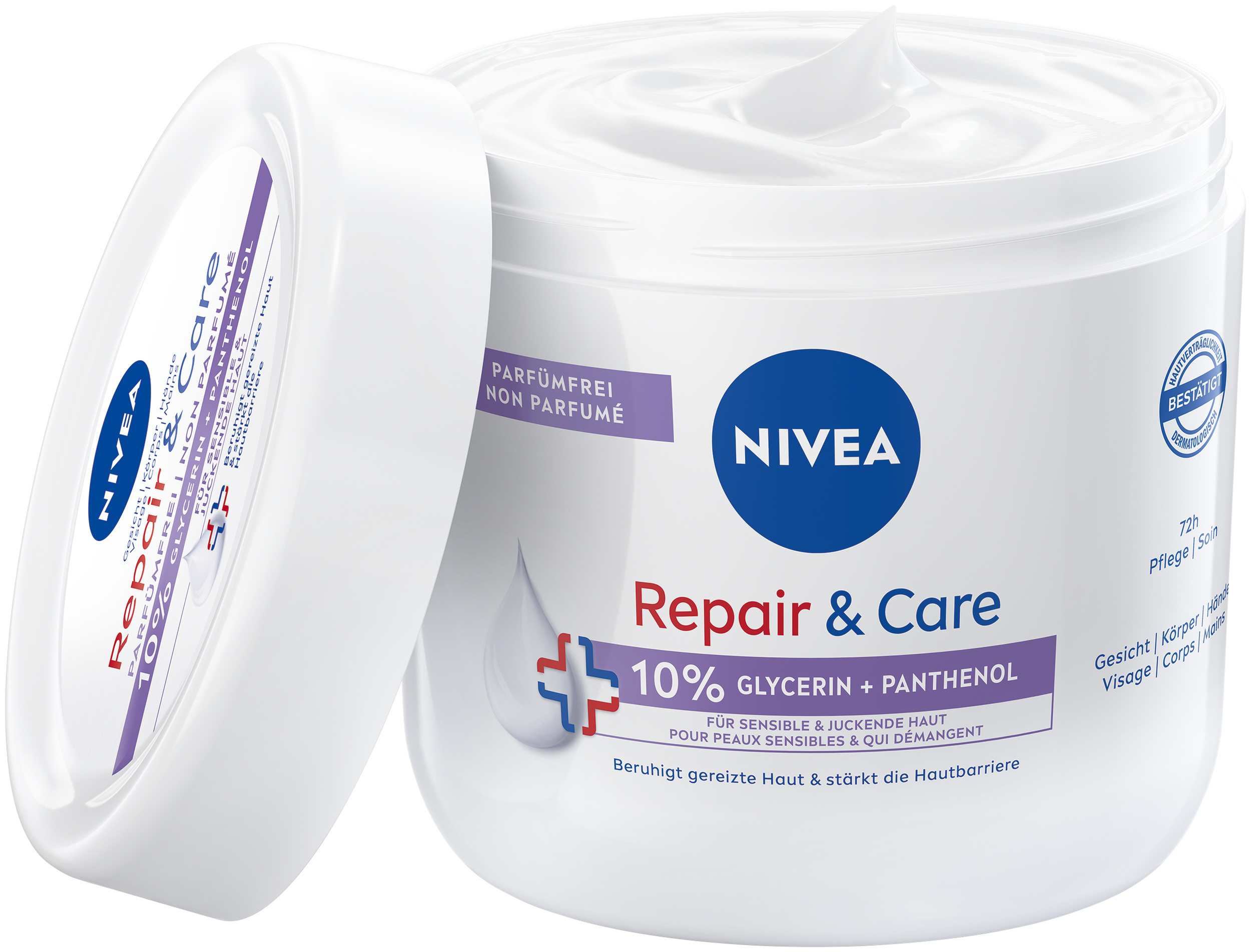 Nivea Creme Gesicht Körper Hände Creme Repair & Care ohne Parfum Topf 400 ml