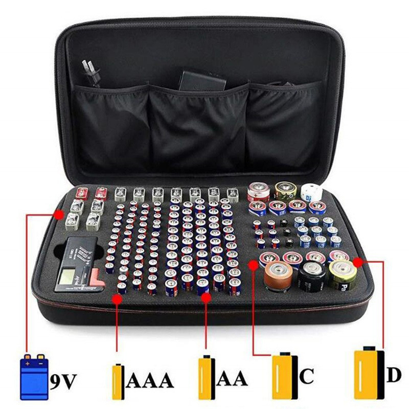 (41x27cm) Batterie Aufbewahrungsbox Batterien Organizer für Batterien Typen AA / AAA / C / D / 9V und Batterien Tester - Schwarz