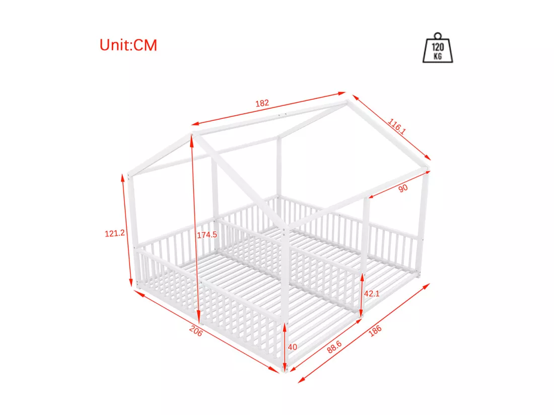 Lit d'enfant en métal 90*200 cm, barrières, échelle, moulures, lit double, cadre en fer, blanc