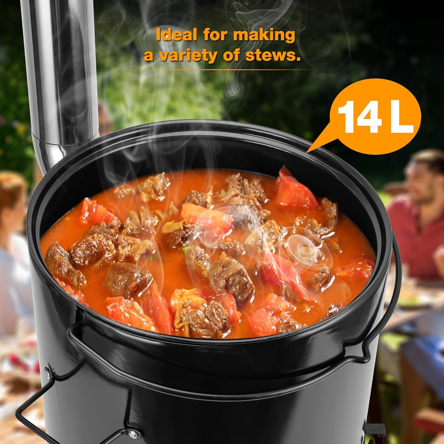 onlyfire Emailliert Gulaschkanone, Kesselgulasch mit Hähnchenbräter, Grillrost, Gulaschkessel mit Suppenkelle, Deckel, Thermometer, 14L Eintopfofen mit Grillfunktion Ofen Grill Kugelgrill für Outdoor
